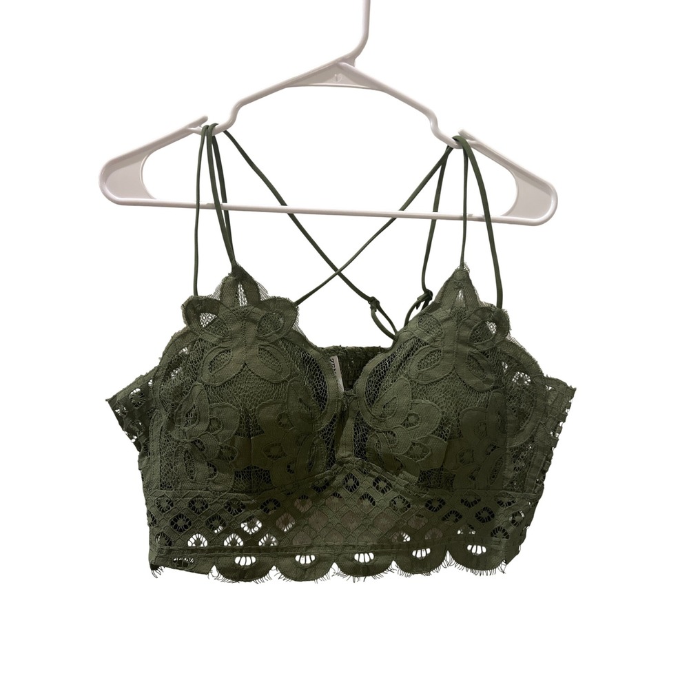 Zenana Olive Green Floral Lace Longline Bralette Padded Strappy Crop‎ Top 3X